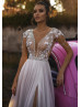 Heavily Beaded Ivory Tulle High Slit Sexy Beach Wedding Dress
